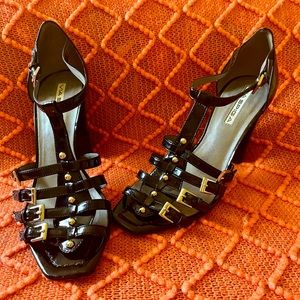 Via Spiga Black Patent Leather Studded Stacked Heel Sandal